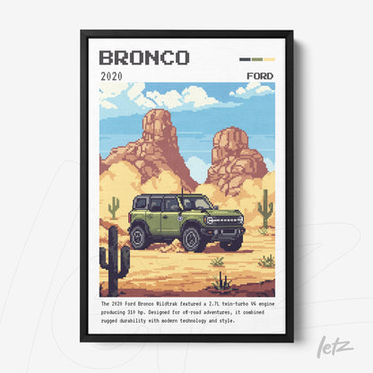 quadro com arte digital do Ford Bronco 2020 em estilo pixelado com moldura preta