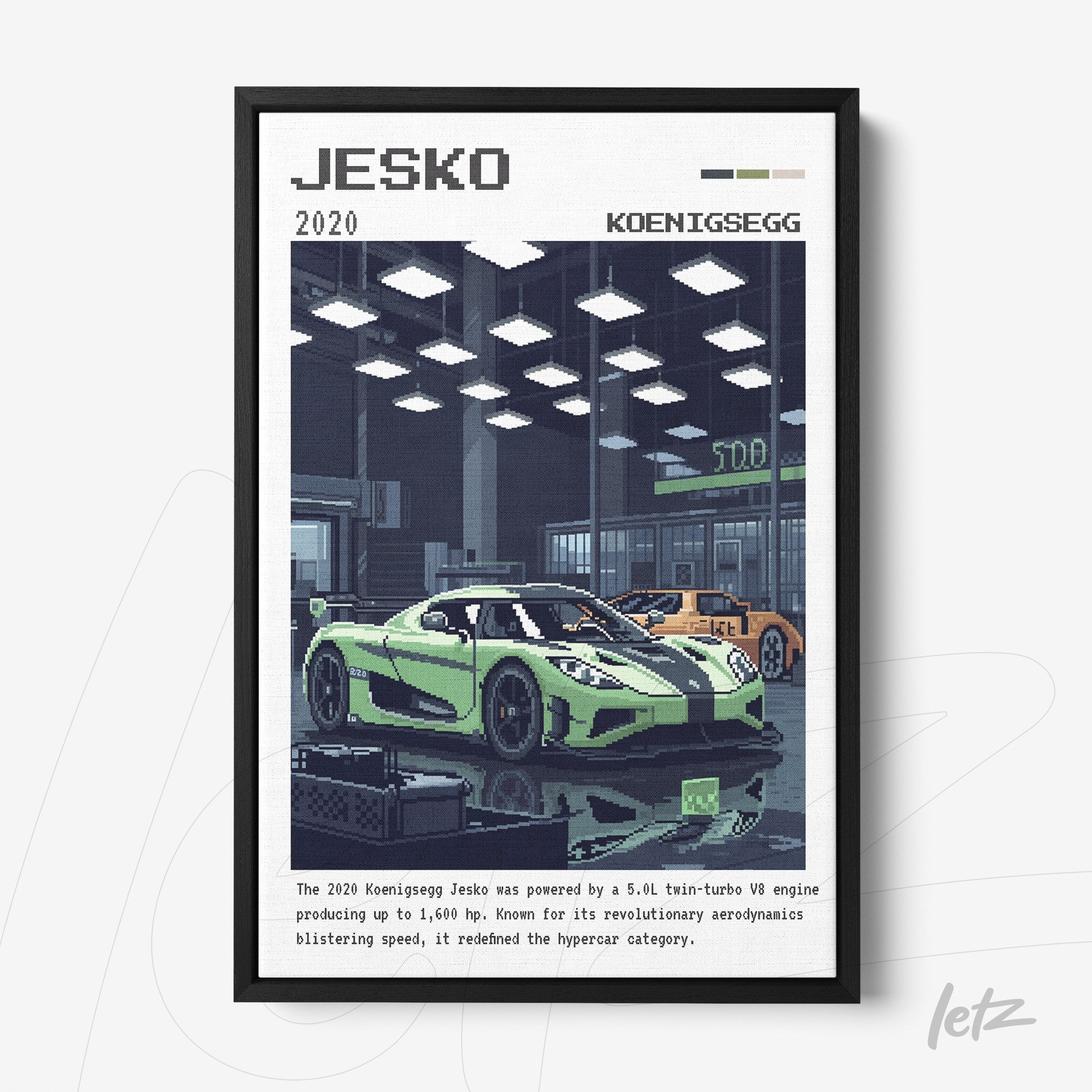 quadro com arte digital de um carro esportivo Koenigsegg Jesko em moldura preta, com fundo de oficina automobilística