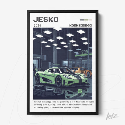 quadro com arte digital de um carro esportivo Koenigsegg Jesko em moldura preta, com fundo de oficina automobilística
