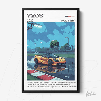 quadro emoldurado com arte digital de um McLaren 720S em ambiente de pista de corrida, destacando o carro amarelo ao lado de poças refletindo a luz