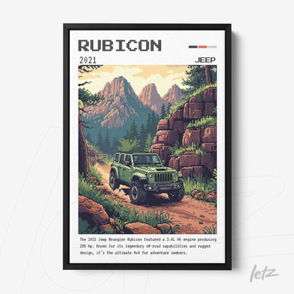 quadro com arte pixelada do Jeep Wrangler Rubicon de 2021 em moldura preta, com paisagem montanhosa ao fundo