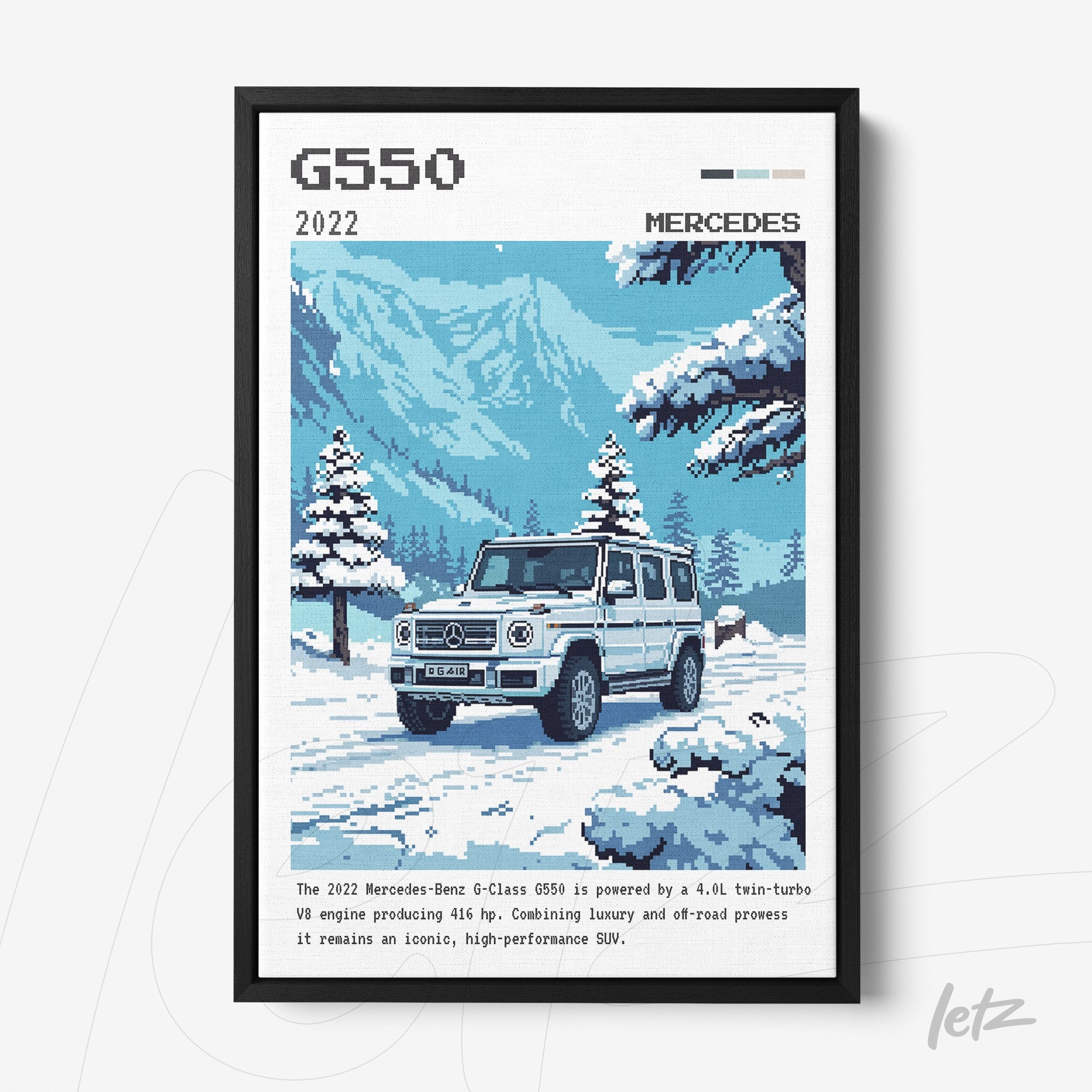 quadro com arte digital retrô de SUV Mercedes-Benz G550 em cenário de montanha nevada com moldura preta