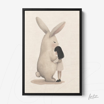 quadro com ilustração suave de menina abraçando coelho gigante em fundo claro e moldura preta
