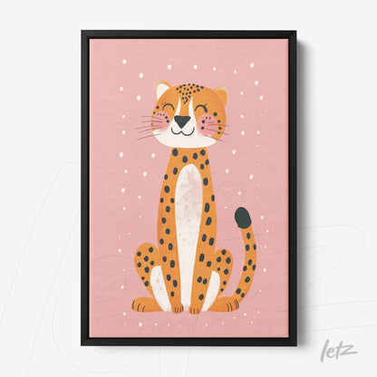quadro com ilustração de leopardo sorridente em fundo rosa com moldura preta