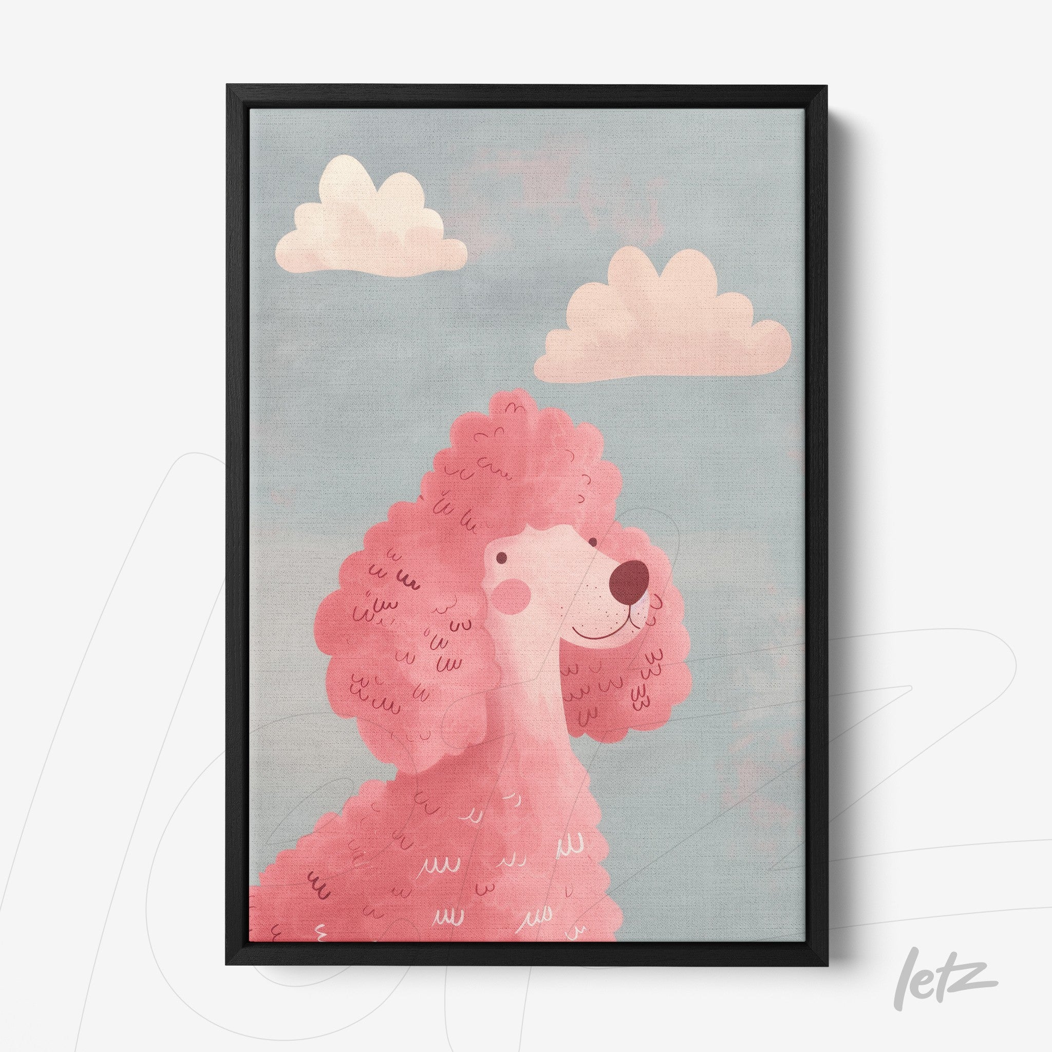 quadro com ilustração de um poodle rosa sob um céu azul e nuvens claras em moldura preta