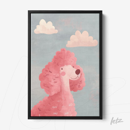quadro com ilustração de um poodle rosa sob um céu azul e nuvens claras em moldura preta