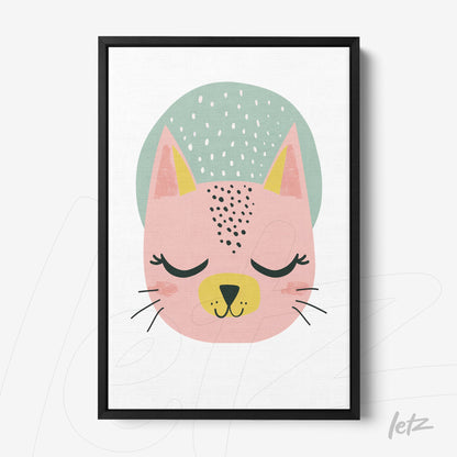 quadro com ilustração de gato estilizado em tons de rosa e verde com moldura preta