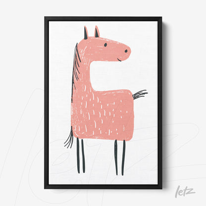 quadro com ilustração de um cavalo rosa em moldura preta
