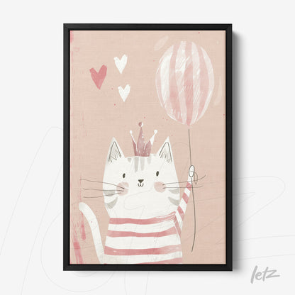 quadro com ilustração de gato fofinho usando uma camiseta listrada segurando um balão em fundo rosa claro