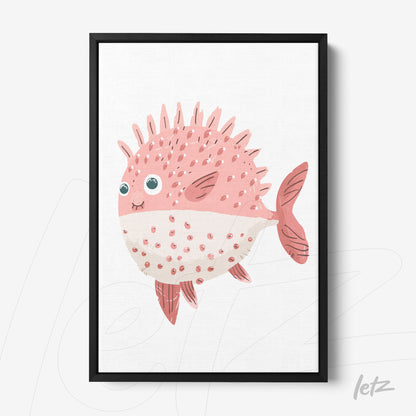 quadro com ilustração divertida de um peixe rosa com espinhos e olhos grandes em moldura preta