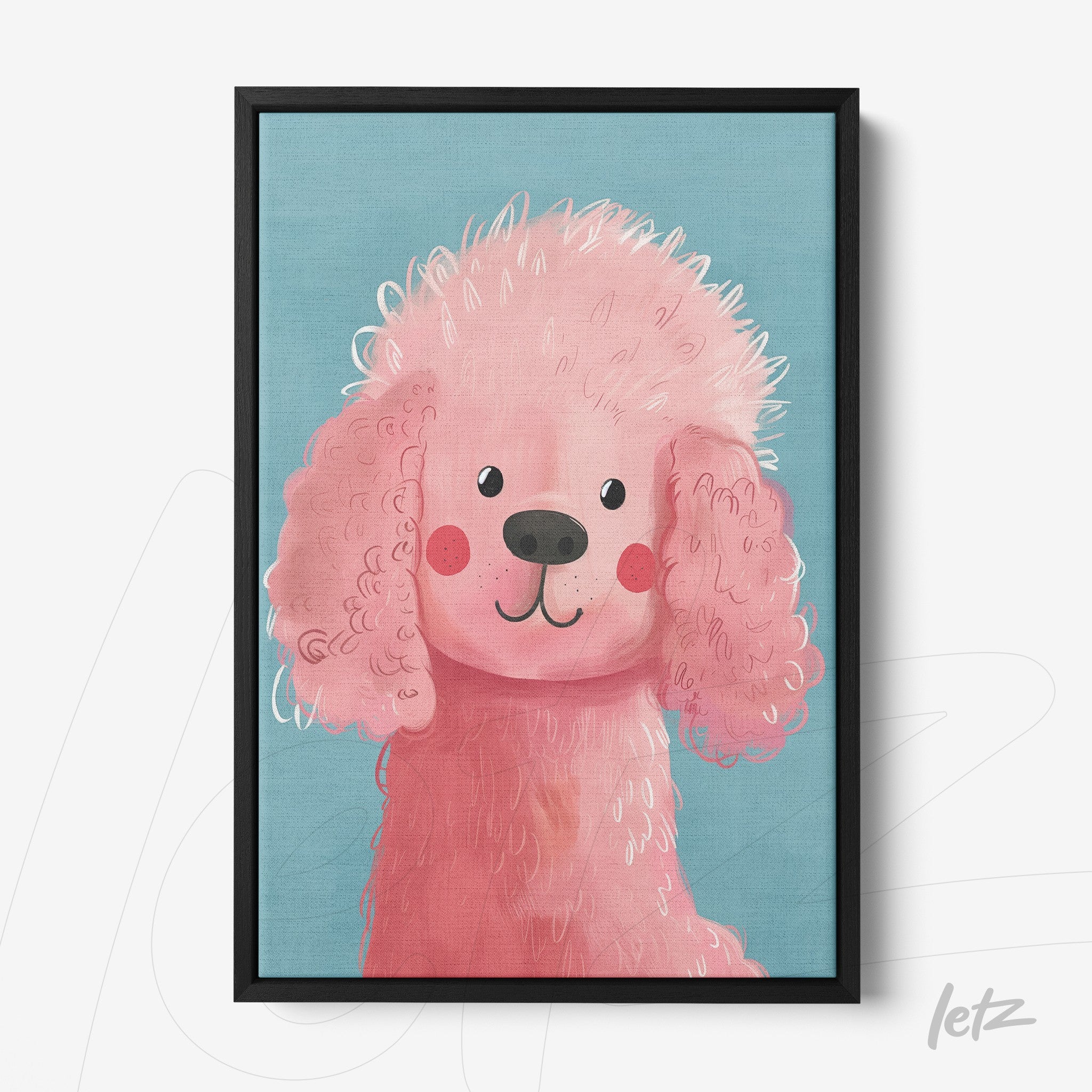 quadro com ilustração de poodle rosa sobre fundo azul em moldura preta