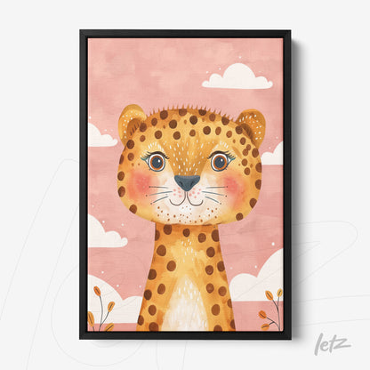 quadro com arte infantil de leãozinho sorridente em fundo rosa com nuvens brancas