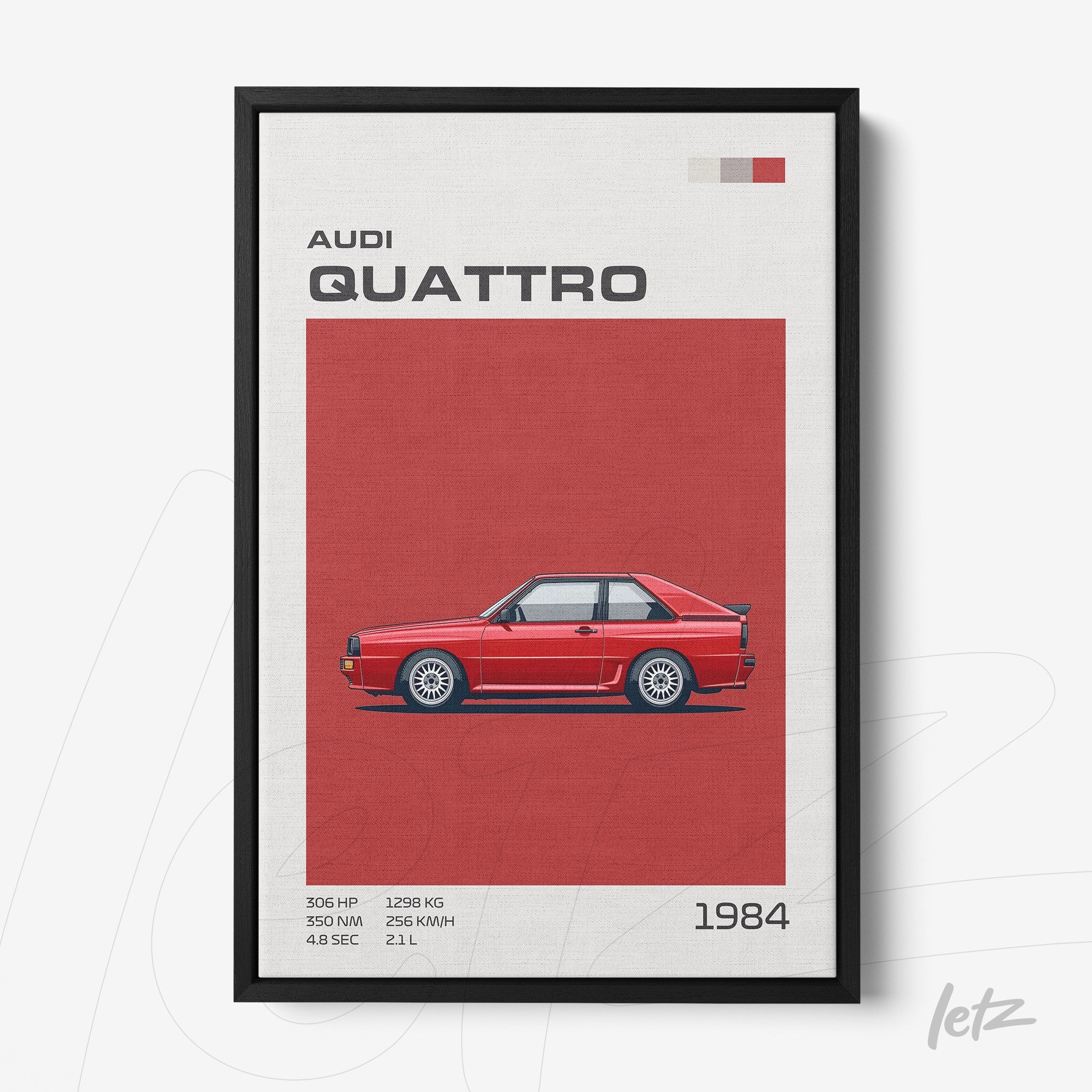 quadro com ilustração do carro Audi Quattro de 1984 em moldura preta, fundo vermelho e detalhes gráficos em branco