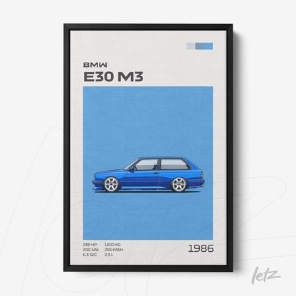 quadro com arte digital de carro BMW E30 M3 em fundo azul