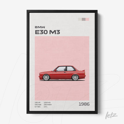 quadro com arte do carro BMW E30 M3 em fundo rosa claro, moldura preta e detalhes gráficos em colunas laterais