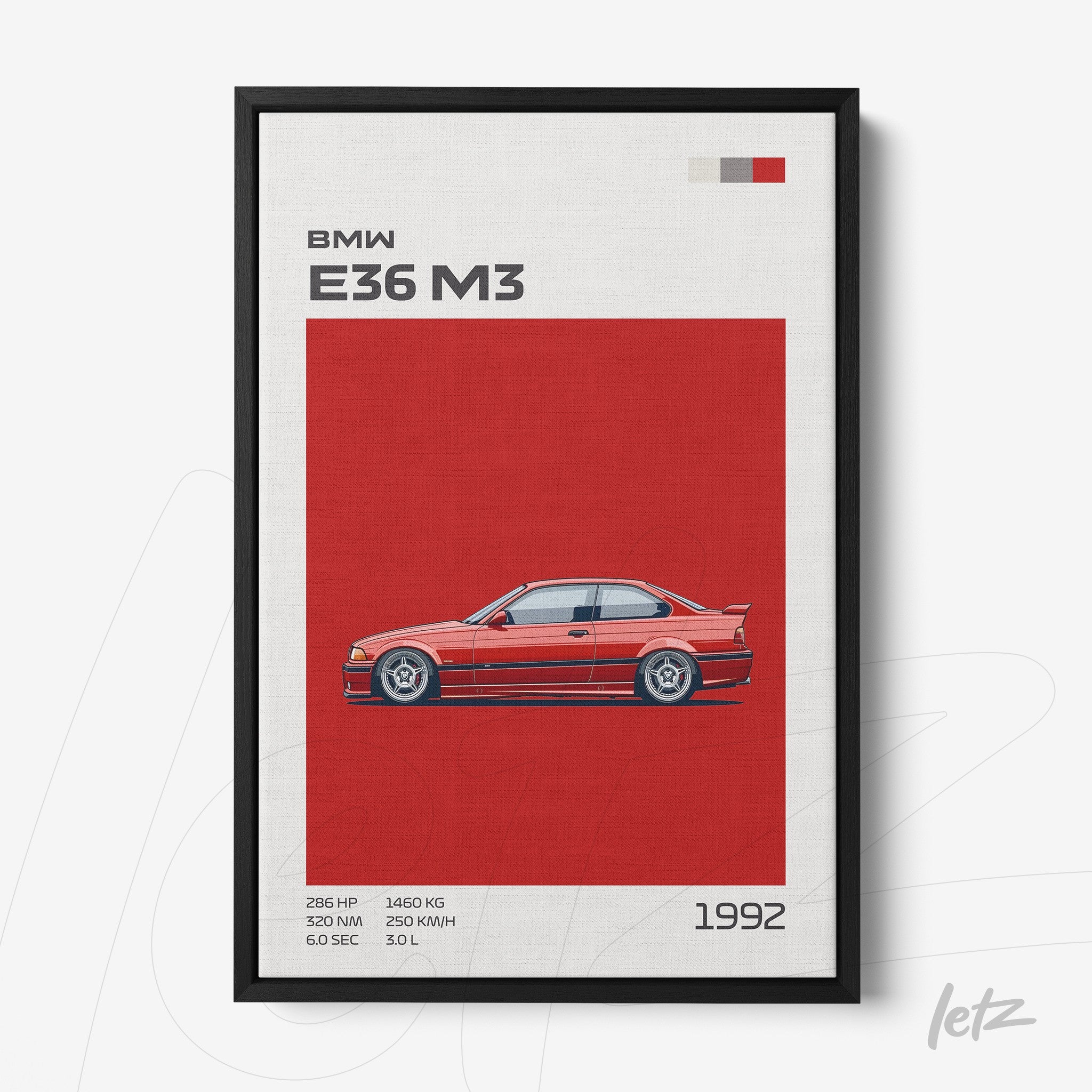 quadro com ilustração do carro BMW E36 M3 em fundo vermelho vibrante e moldura preta