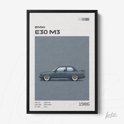 quadro com ilustração do carro esportivo BMW E30 M3 em moldura preta, fundo claro com detalhes em azul e informações em texto