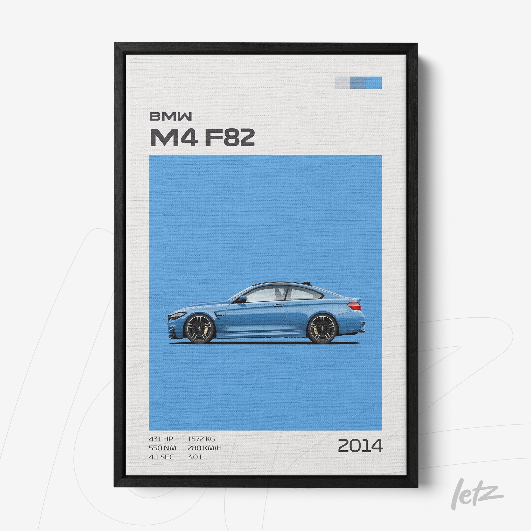 quadro com arte contemporânea do carro BMW M4 F82 em fundo azul vibrante e moldura preta