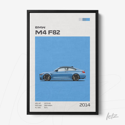quadro com arte contemporânea do carro BMW M4 F82 em fundo azul vibrante e moldura preta