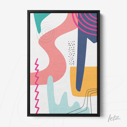 quadro com arte abstrata colorida em traços geométricos com moldura preta fina