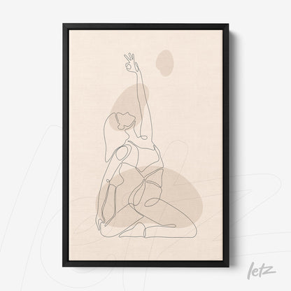 quadro com arte de linha minimalista de uma mulher em pose de ioga com moldura preta fina