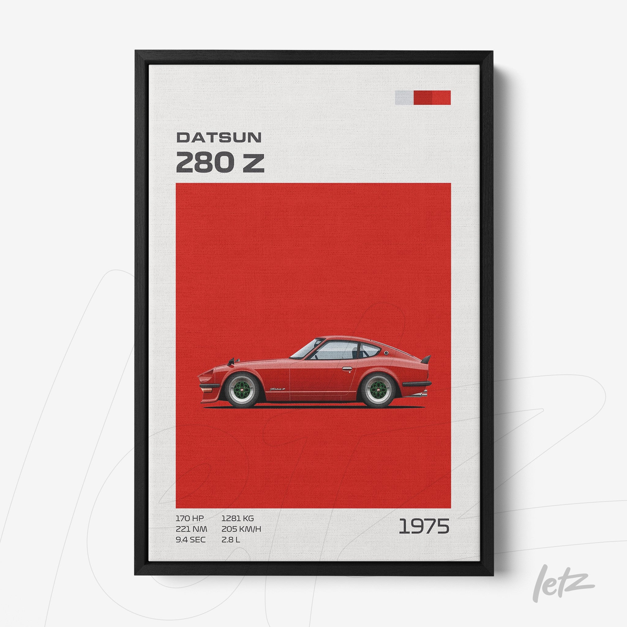 quadro com ilustração do carro Datsun 280 Z em fundo vermelho com moldura preta