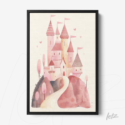 quadro com castelo rosa em estilo aquarela, moldura preta e fundo claro