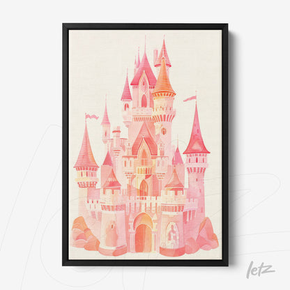 quadro com ilustração de castelo em tons de rosa, moldura preta fina sobre fundo claro