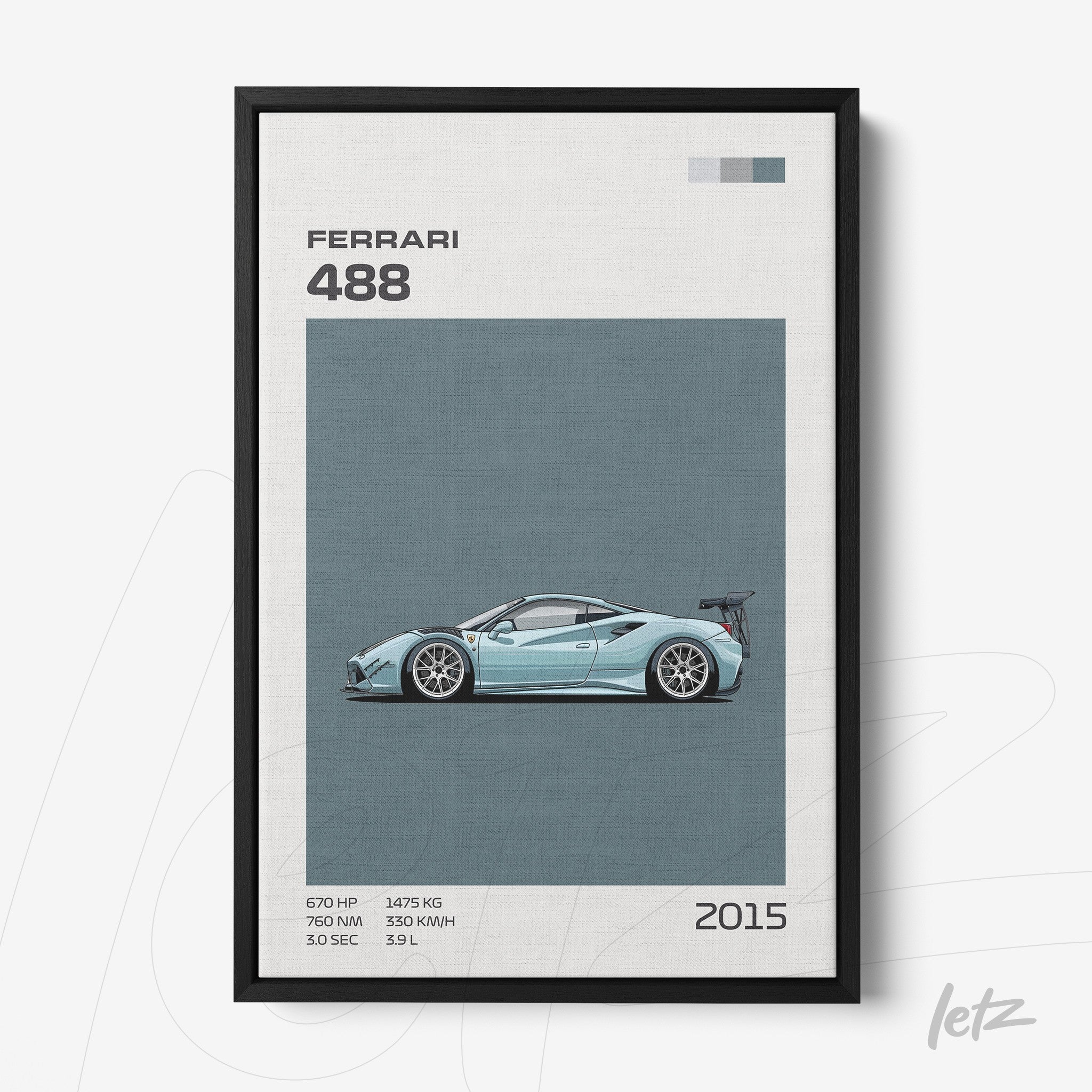 quadro com ilustração de carro esportivo Ferrari 488 em moldura preta, fundo azul claro