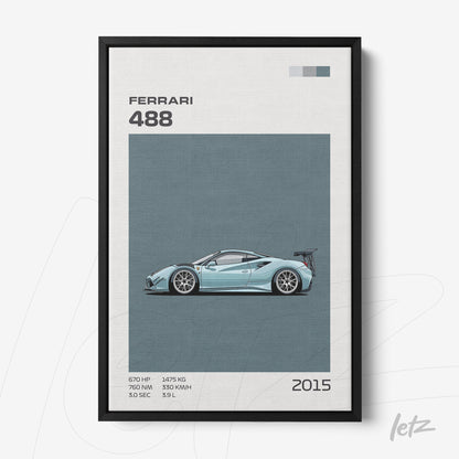 quadro com ilustração de carro esportivo Ferrari 488 em moldura preta, fundo azul claro