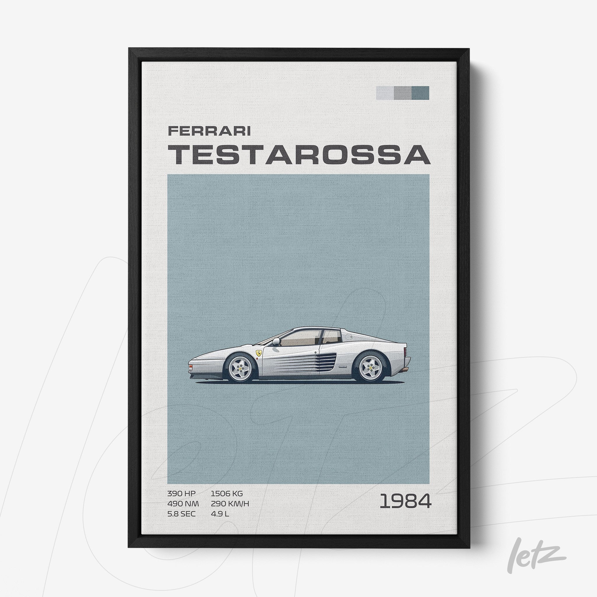 quadro com arte minimalista do carro Ferrari Testarossa em moldura preta