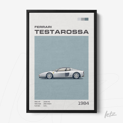 quadro com arte minimalista do carro Ferrari Testarossa em moldura preta