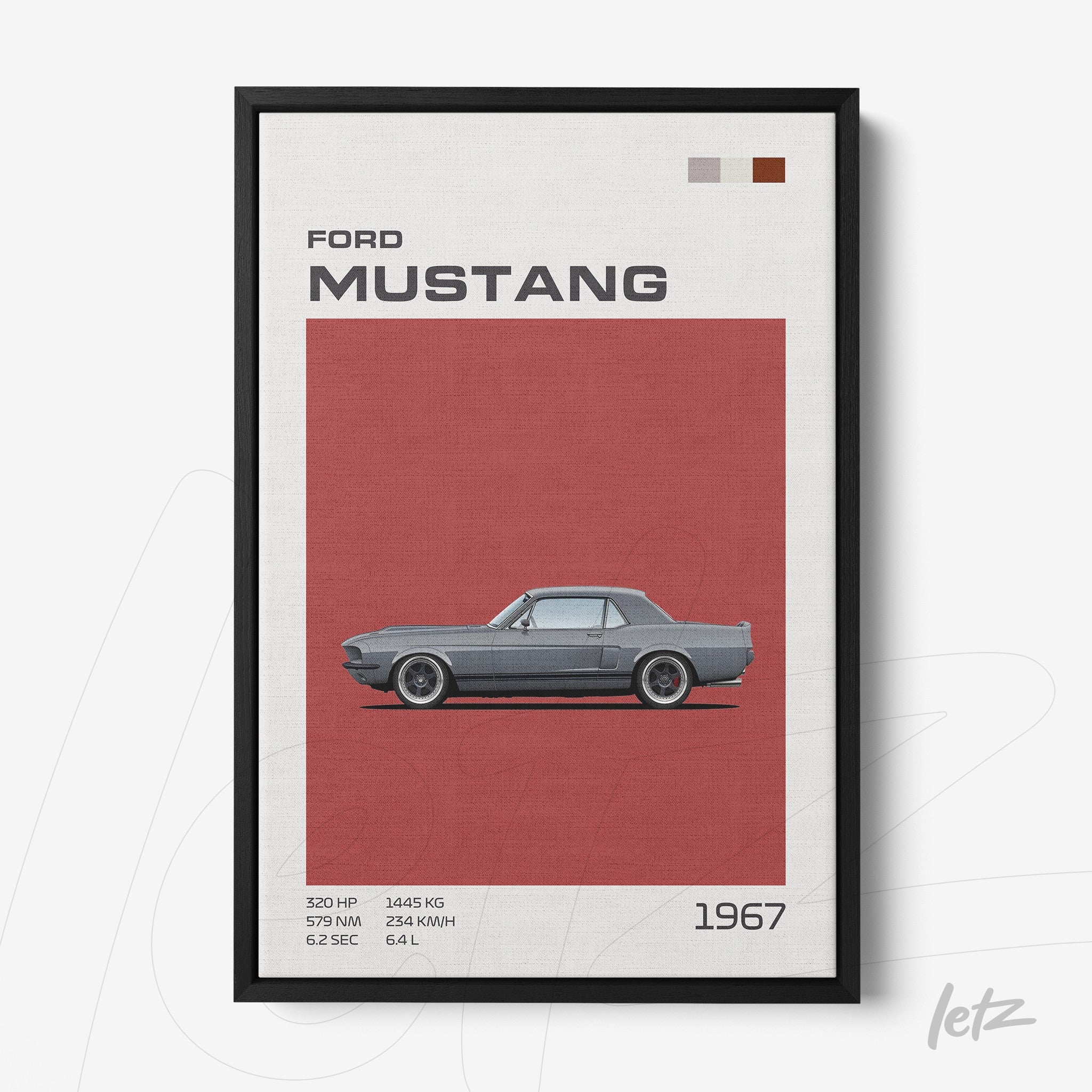 quadro com arte digital de um Ford Mustang 1967 em fundo vermelho e moldura preta