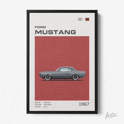 quadro com arte digital de um Ford Mustang 1967 em fundo vermelho e moldura preta