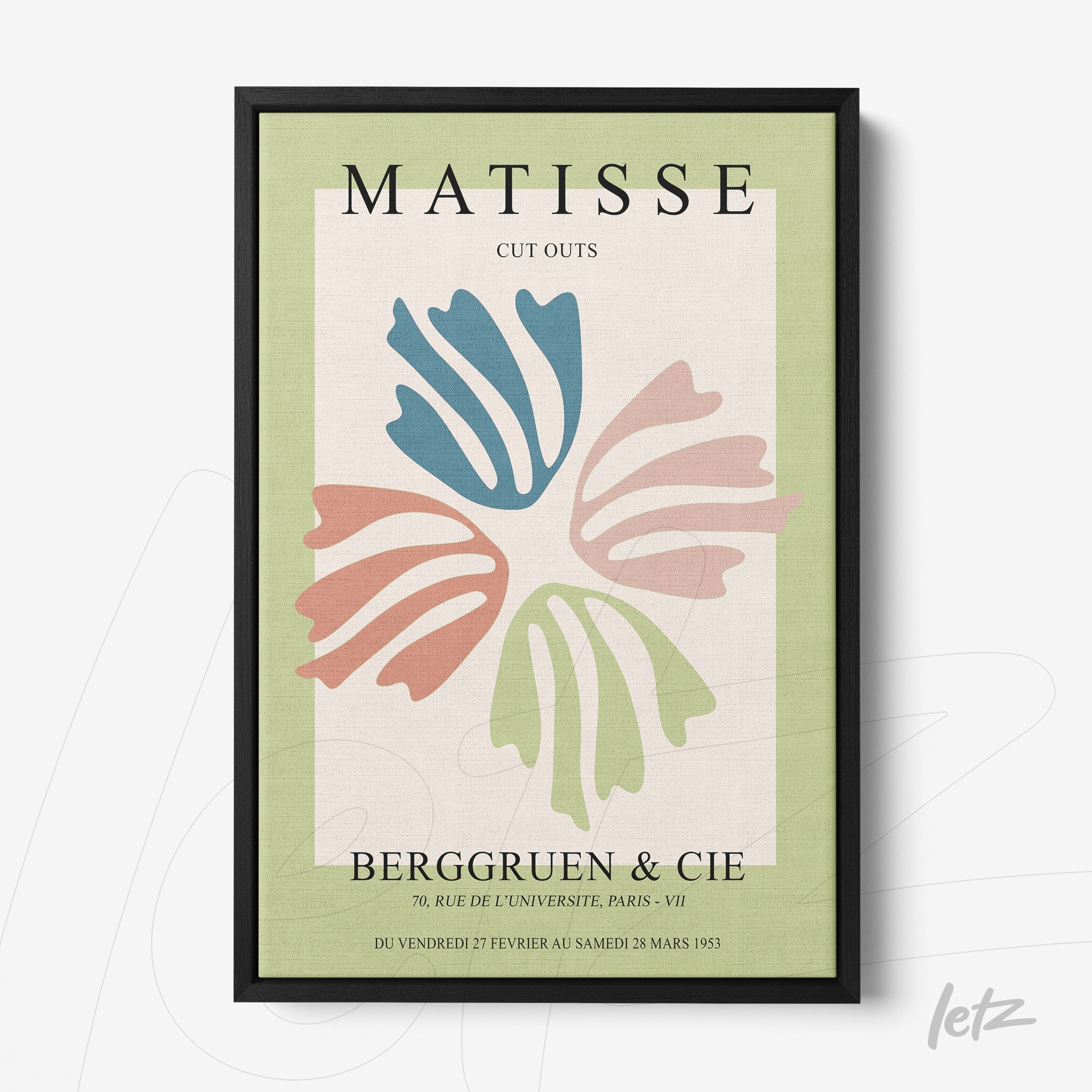 quadro com arte em estilo contemporâneo de recortes de folhas em cores suaves, moldura preta