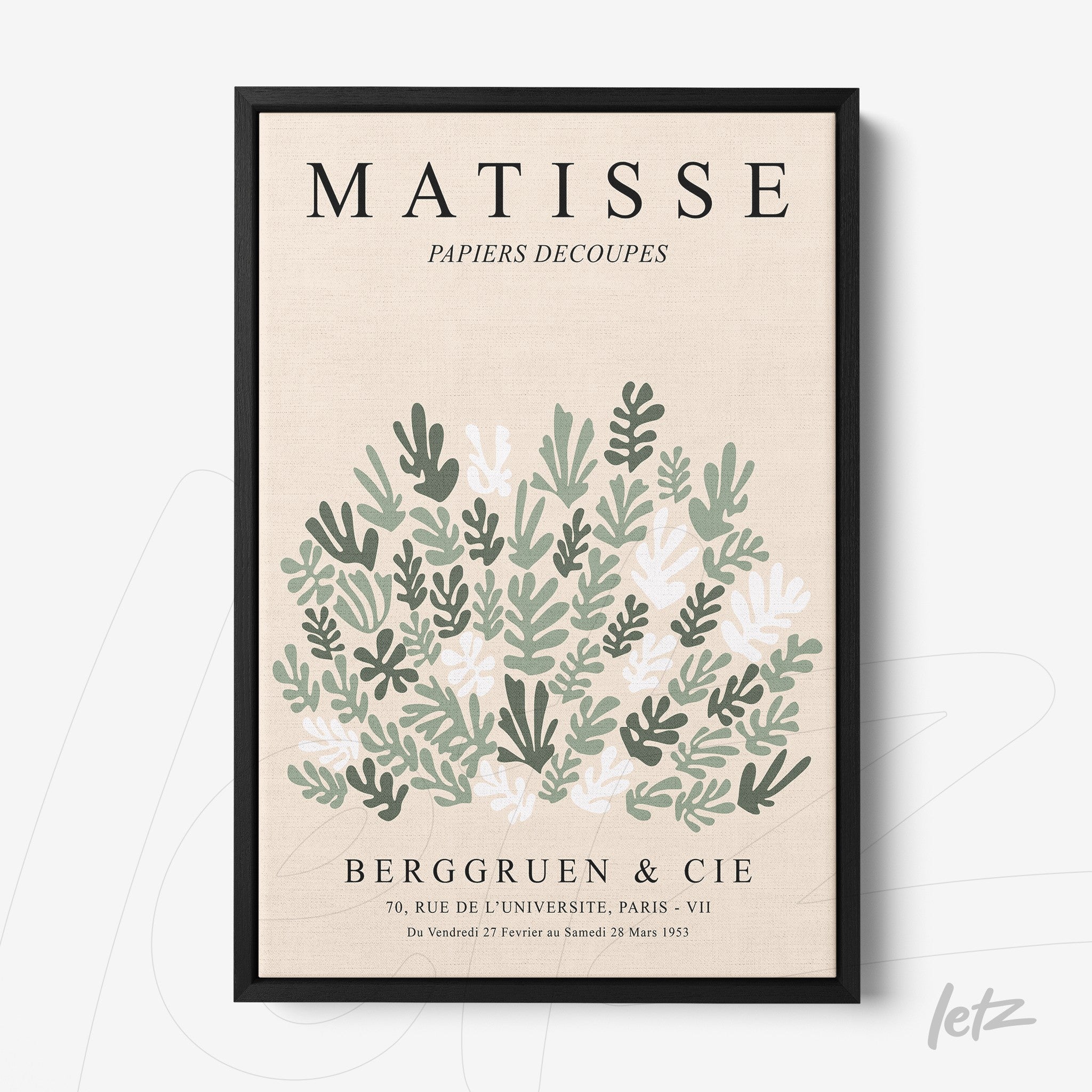 quadro com arte de folhas em estilo moderno, moldura preta e fundo claro