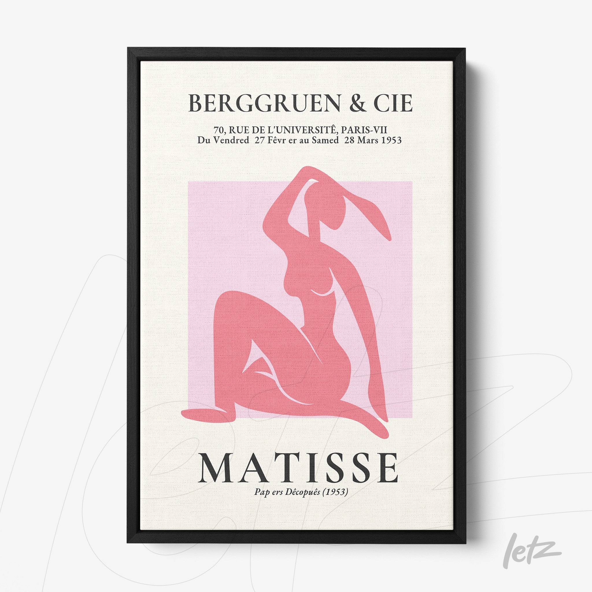 quadro com arte minimalista de figura feminina em tons de rosa, com moldura preta