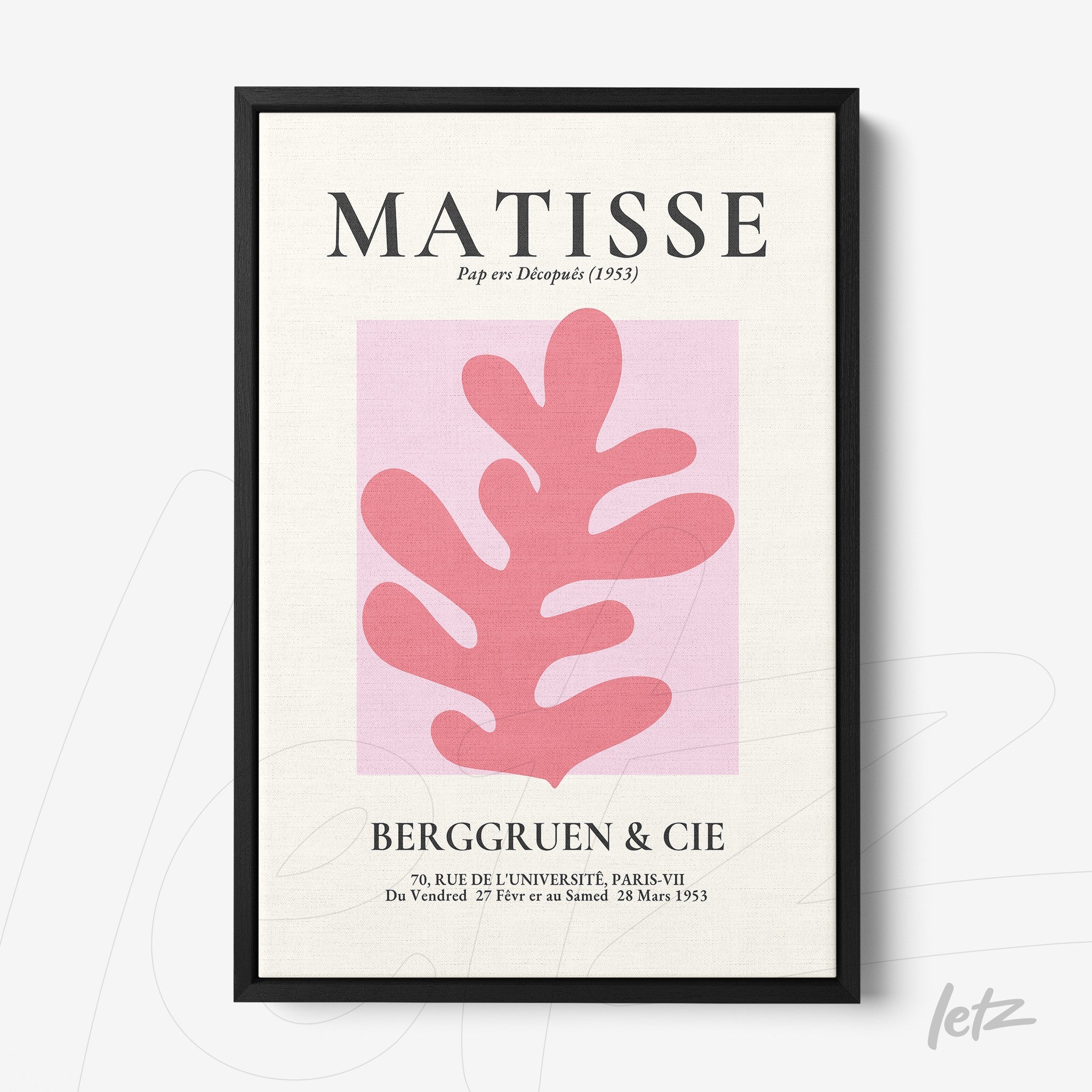 quadro com arte inspirada em Matisse, destacando uma folha rosa sobre fundo rosa claro em moldura preta