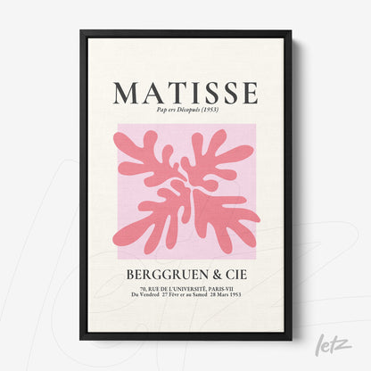 quadro com arte moderna de Matisse em moldura preta, apresentando formas orgânicas em tons de rosa sobre fundo claro