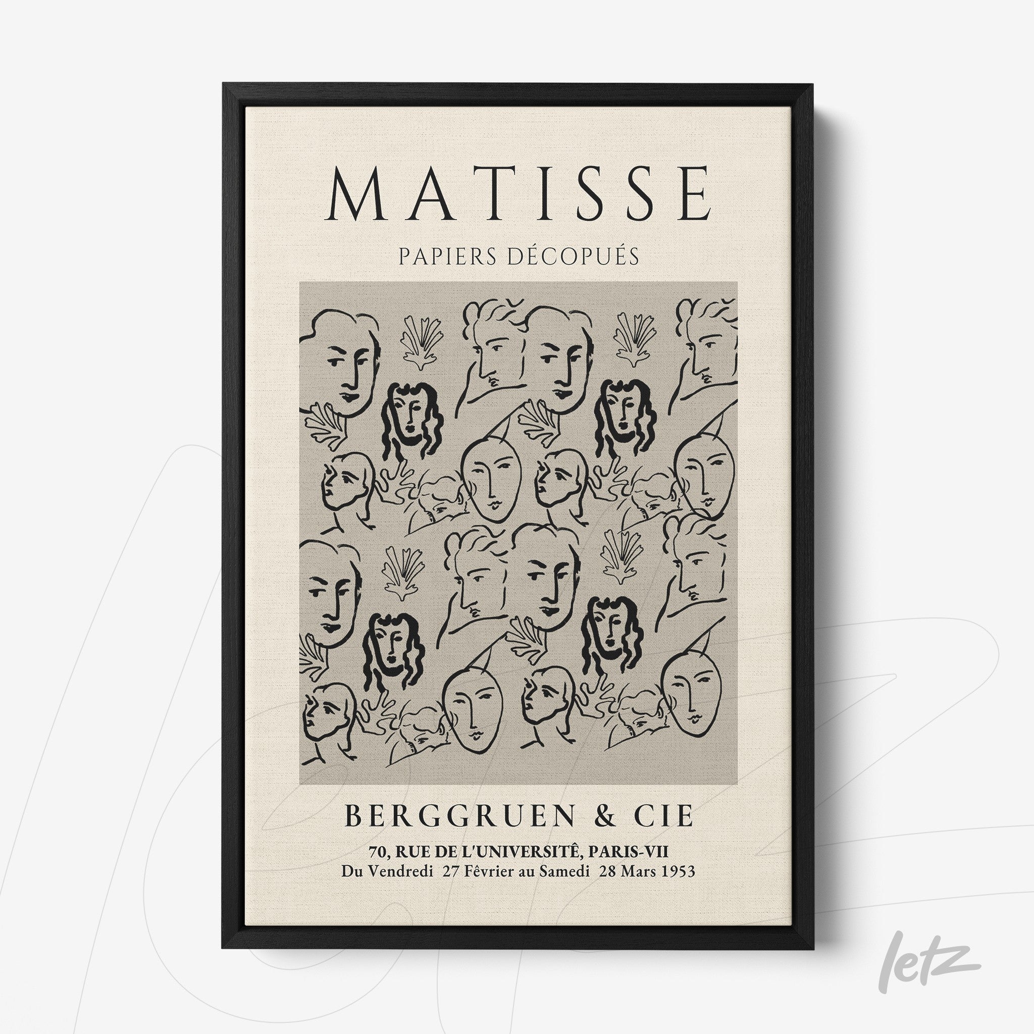 quadro emoldurado com arte de Matisse apresentando rostos em traços simples e folhas, fundo claro e moldura preta