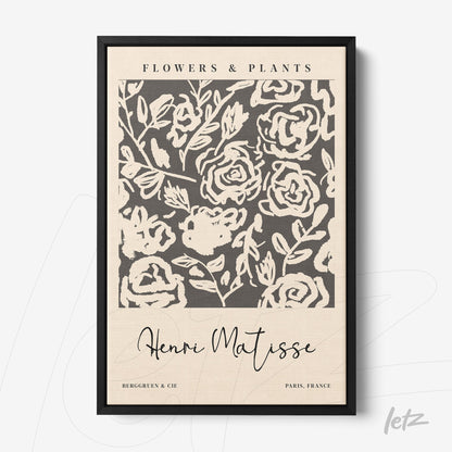 quadro com arte floral em preto e branco, moldura preta fina, fundo claro com ramos e flores estilizadas
