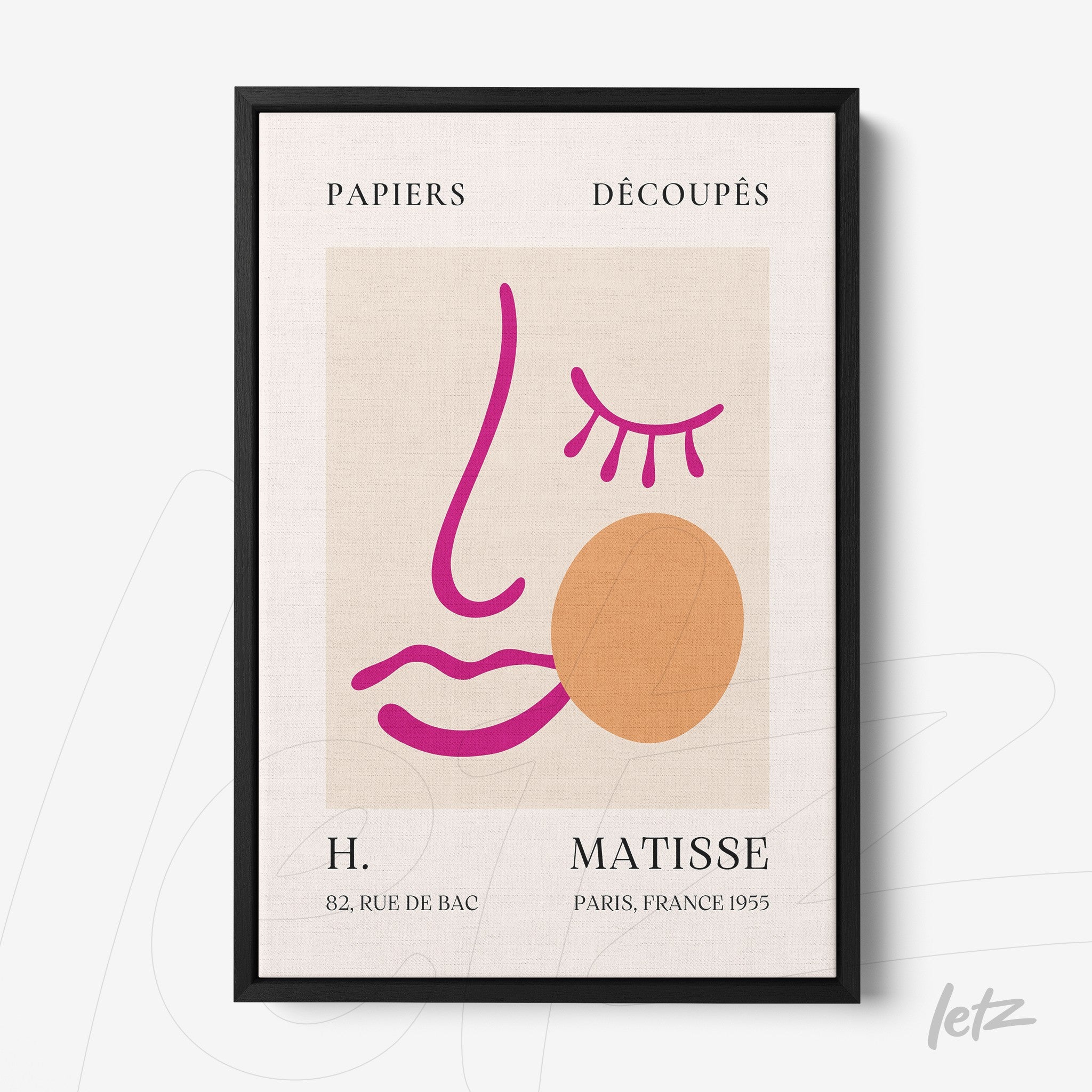 quadro com arte moderna em moldura preta com contornos de rosto em cores vibrantes e texturas sutis