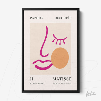 quadro com arte moderna em moldura preta com contornos de rosto em cores vibrantes e texturas sutis