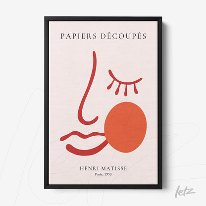 quadro com arte abstrata de rosto minimalista em tons de vermelho e fundo claro, moldura preta