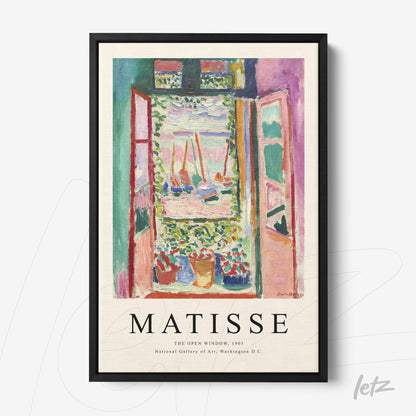 quadro com arte de Henri Matisse retratando uma janela aberta com vista interna, moldura preta simples