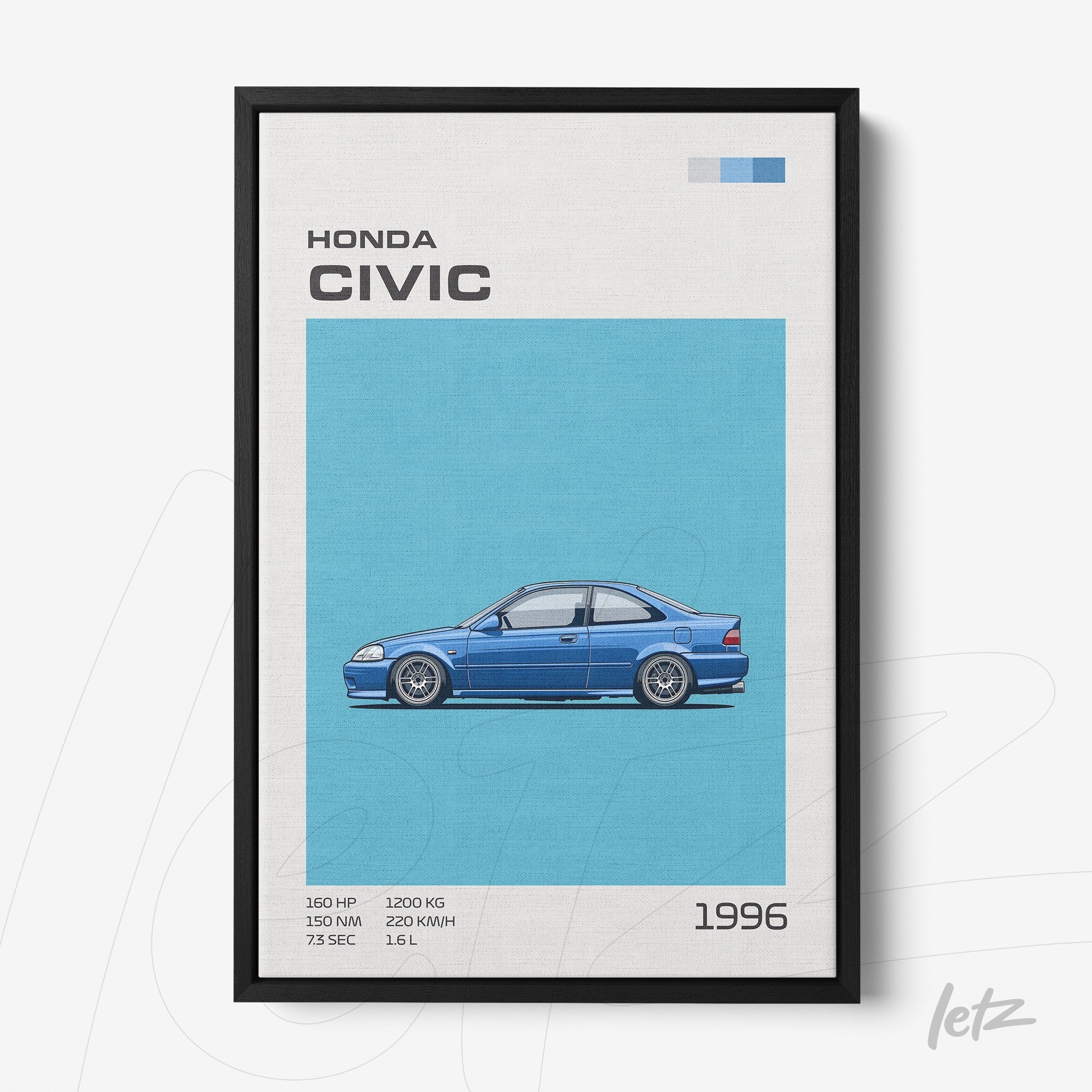 quadro com ilustração digital de carro Honda Civic 1996 em fundo azul claro com moldura preta