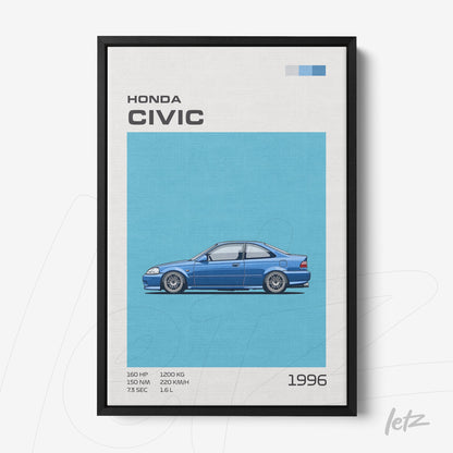 quadro com ilustração digital de carro Honda Civic 1996 em fundo azul claro com moldura preta