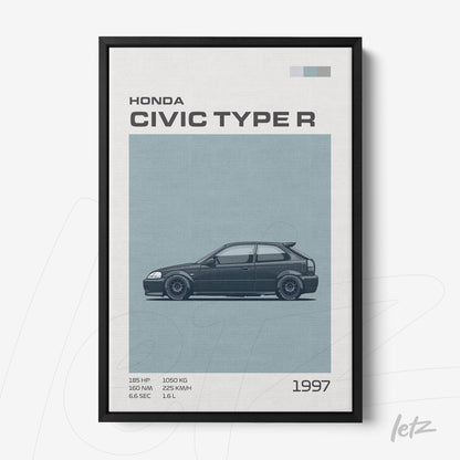 quadro com ilustração minimalista de um Honda Civic Type R de 1997 em moldura preta