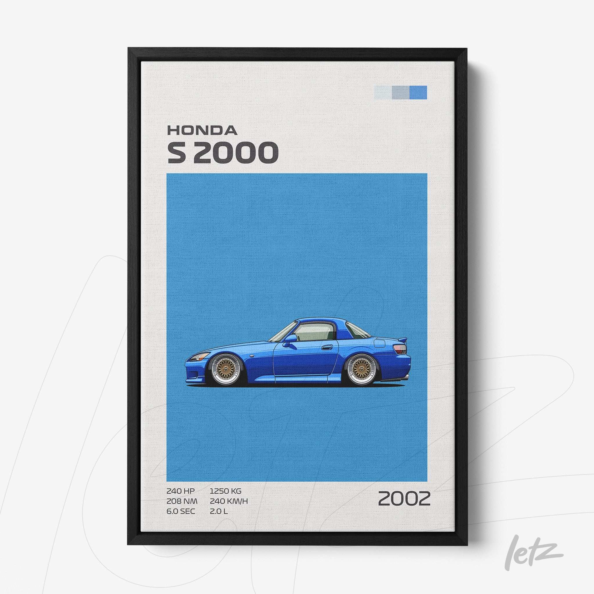 quadro em moldura preta com ilustração do carro Honda S2000 em fundo azul vibrante