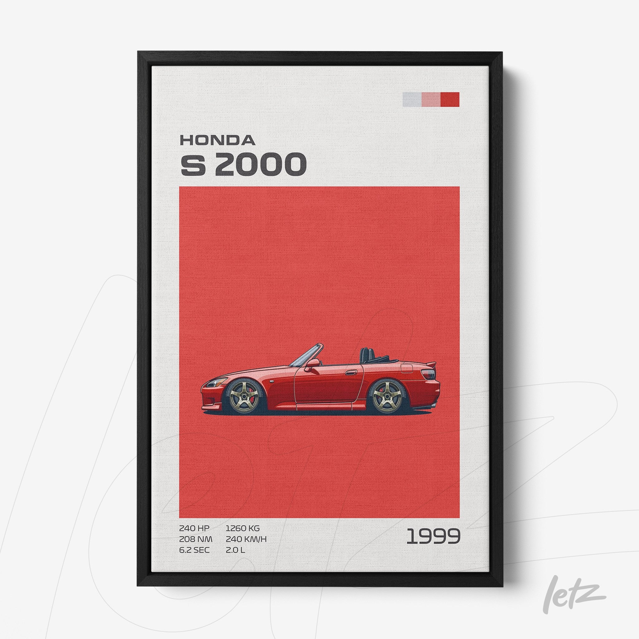 quadro com arte gráfica do carro Honda S2000 em fundo vermelho vibrante e moldura preta